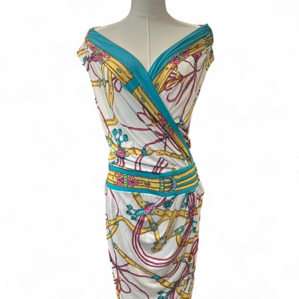 Cache White One-Shoulder Dress with Turquoise, Yellow & Pink Accents